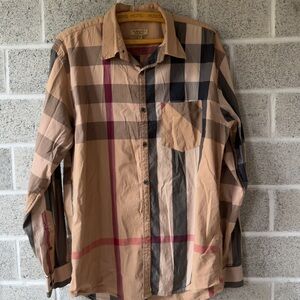 Burberry Men's Tan Plaid Long-Sleeve Button-Down Shirt